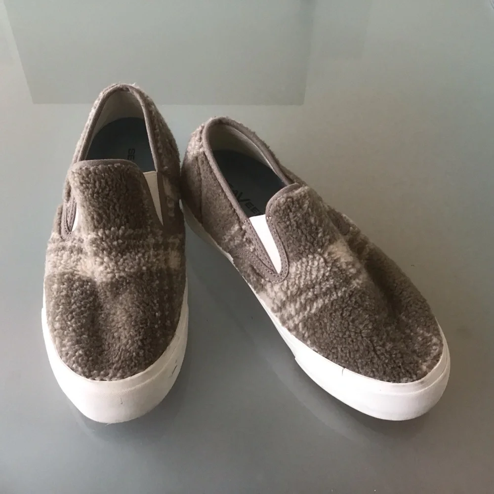 Seavees Taupe Plaid Shearling Baja Slip On Platform Sneakers Shoes Womens 7 37.5